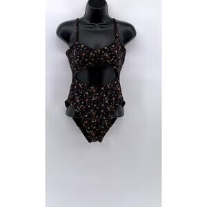 MADEWELL Women's Black Floral Cinched Cutout One-Piece Swimsuit SZ XS